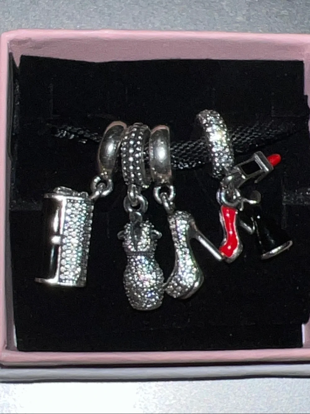 Set of 4 Pandora Charms-Trio Dangle-Sparkling Stiletto-Dazzling Dress-Clutch